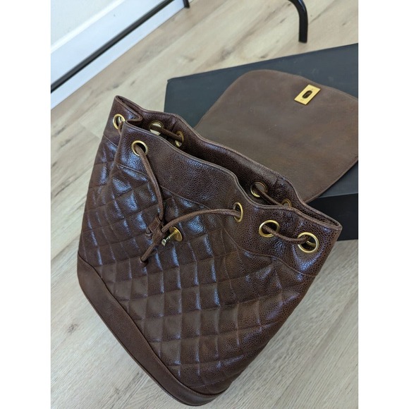 CHANEL Vintage Quilted Brown Caviar Turnlock CC Backpack With Gold Chains